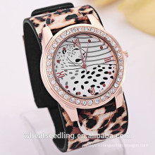 2015 latest design hot sale wide band lady diamond around leopard quartz stainless steel back watch